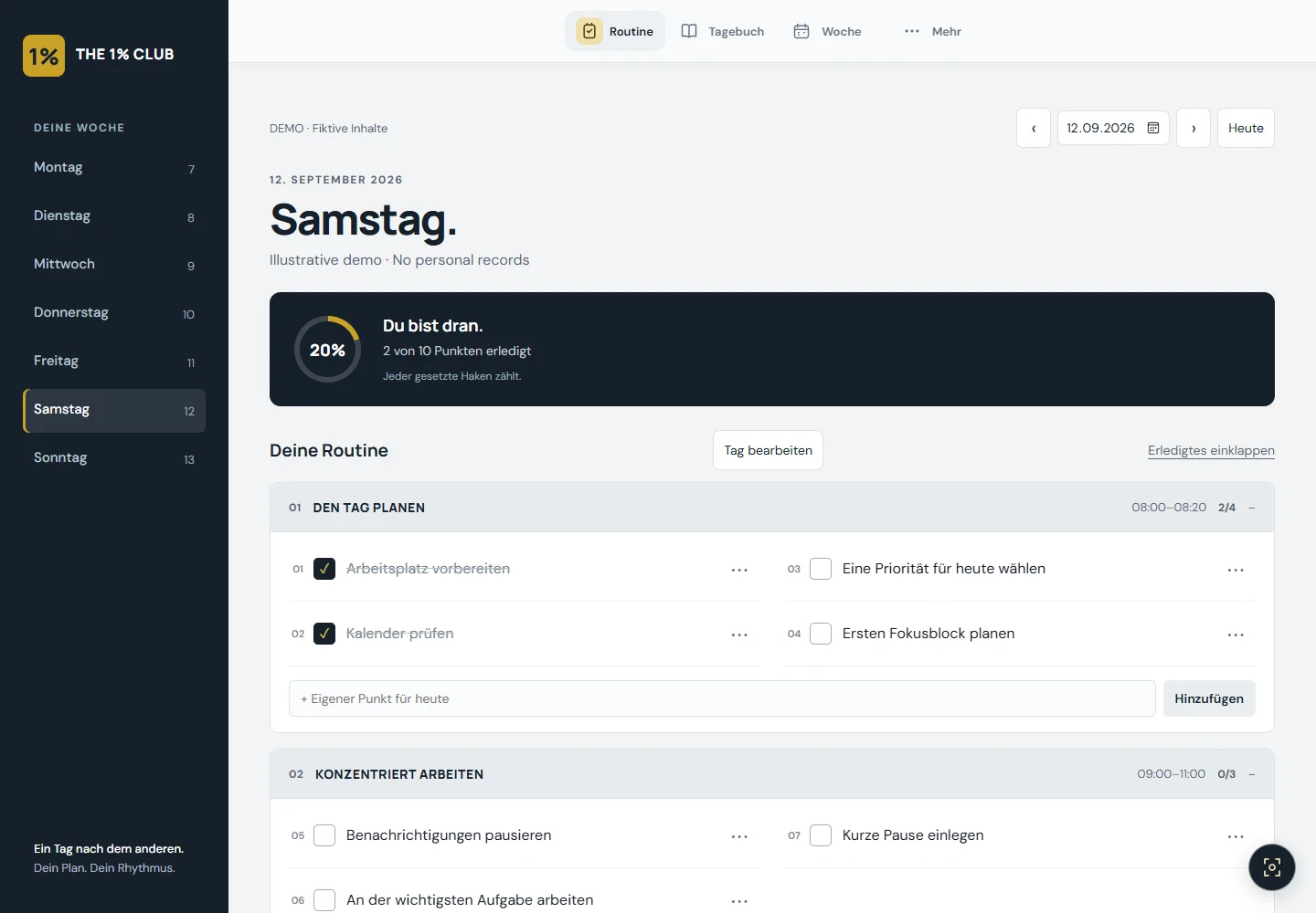 German planner demo showing daily routines, completion tracking, and navigation