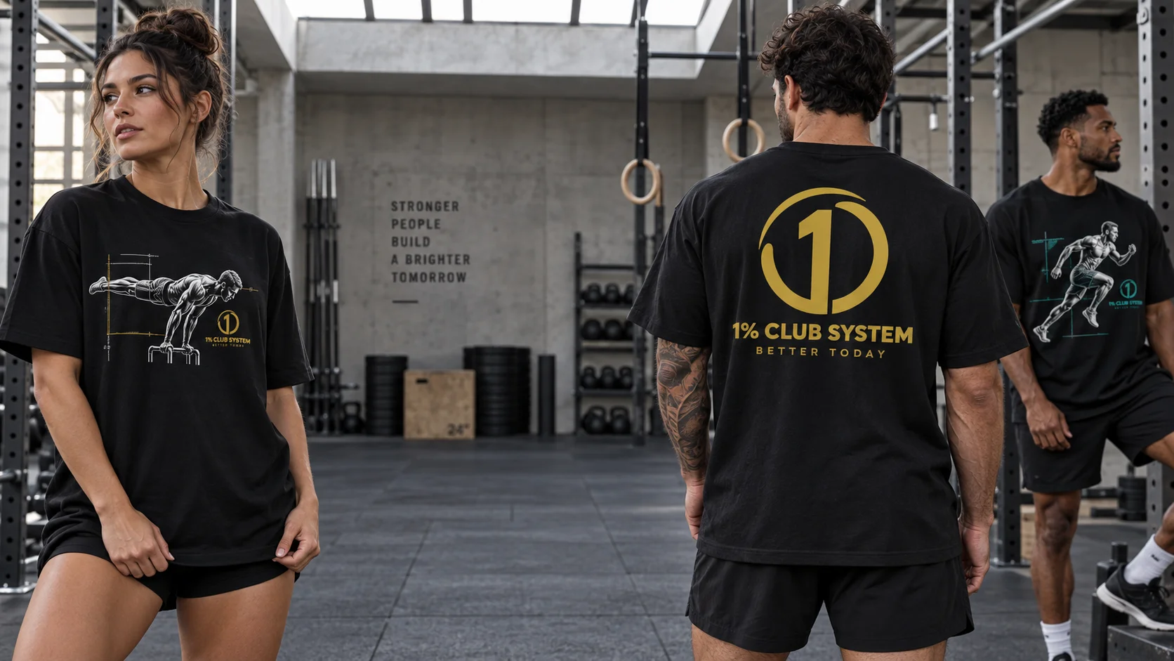 Concept campaign showing black skill-graphic tees and a large gold 1% Club System back print in a training gym